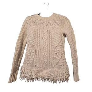 Banana Republic Wool Alpaca Fringe Cable Knit Sweater Womens XS Cream Preppy